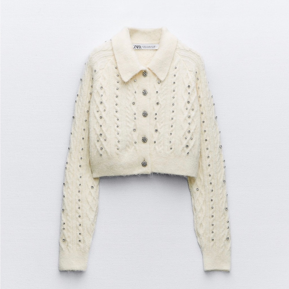 ZARA CROP CARDIGAN JEWEL BUTTONS ECRU NWT RARE SIZE MEDIUM